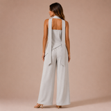 Victoria - Conjunto top strapless asimétrico con pañuelo al cuello y pantalón palazzo