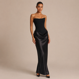 Alejandra - Vestido maxi strapless con corpiño estructurado y falda satinada drapeada