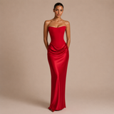Alejandra - Vestido maxi strapless con corpiño estructurado y falda satinada drapeada