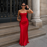 Alejandra - Vestido maxi strapless con corpiño estructurado y falda satinada drapeada