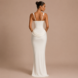 Natalia - Vestido maxi corpiño estructurado con tirantes anchos y falda satinada drapeada