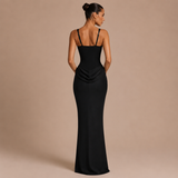 Natalia - Vestido maxi corpiño estructurado con tirantes anchos y falda satinada drapeada
