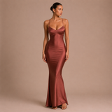 Laura - Vestido maxi satinado con tirantes finos y escote en V