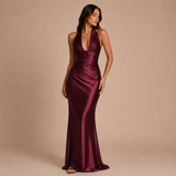 Daniela - Vestido maxi satinado con escote en V profundo y silueta sirena