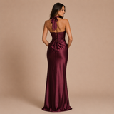 Daniela - Vestido maxi satinado con escote en V profundo y silueta sirena