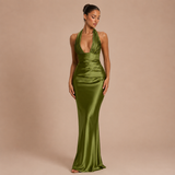 Daniela - Vestido maxi satinado con escote en V profundo y silueta sirena