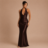 Daniela - Vestido maxi satinado con escote en V profundo y silueta sirena