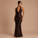 Daniela - Vestido maxi satinado con escote en V profundo y silueta sirena