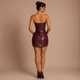 Beatriz - Vestido mini strapless de cuero con corpiño estructurado y falda drapeada