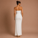 Sofía - Vestido maxi strapless con corpiño bordado con pedrería y falda drapeada