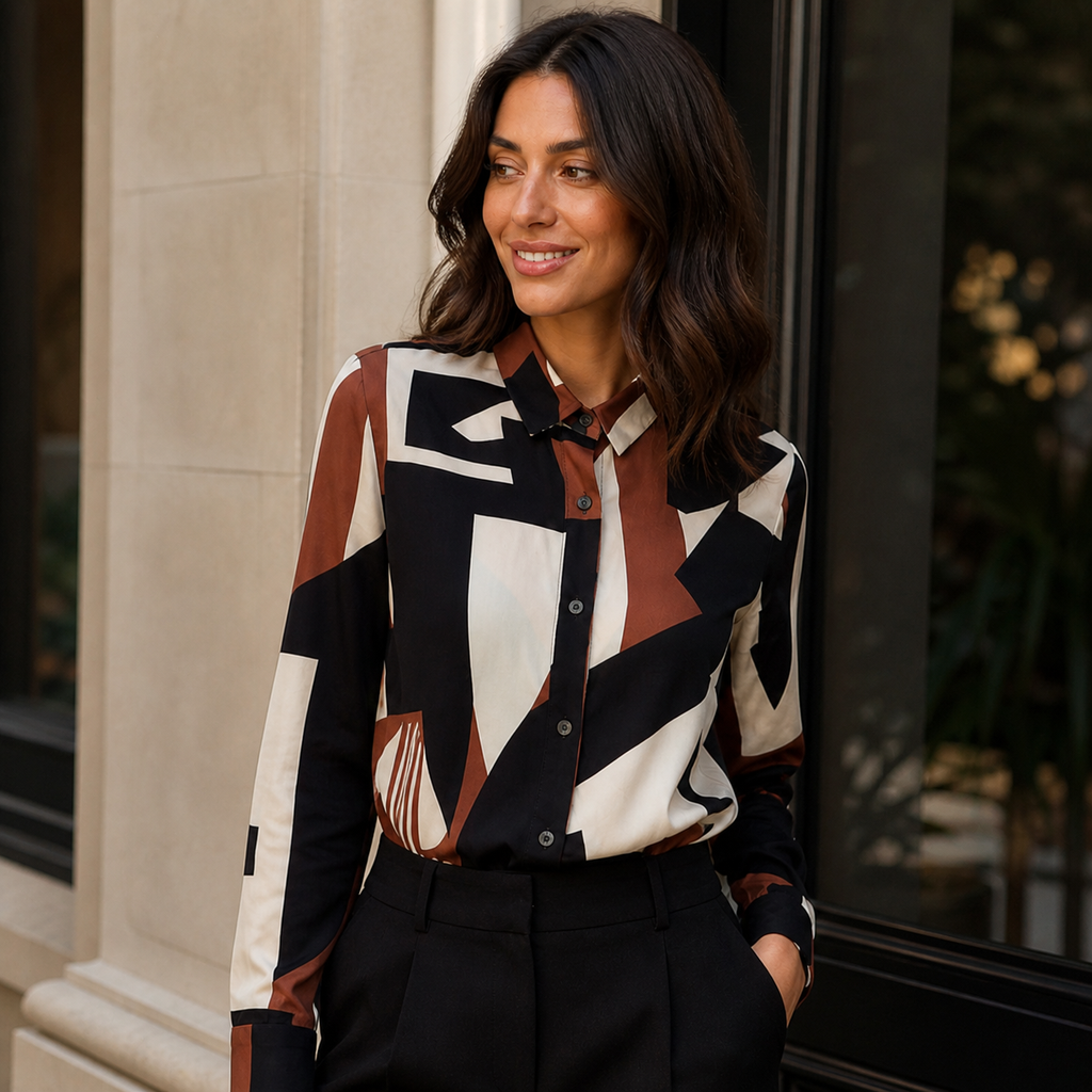 Aina – blusa estampada de inspiración artística con corte clásico