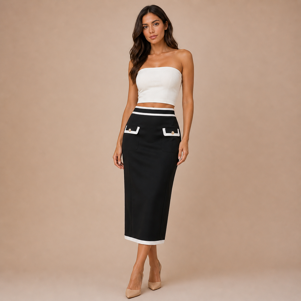Leticia – falda midi estructurada con detalles en contraste y bolsillos decorativos