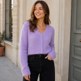 Violeta – cárdigan cropped de punto efecto “fuzzy” en tono lavanda
