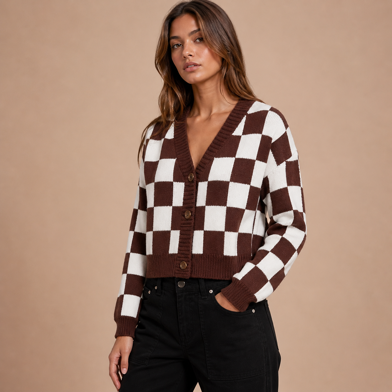 Leyre – cárdigan cropped de cuadros bicolor con aire retro relajado