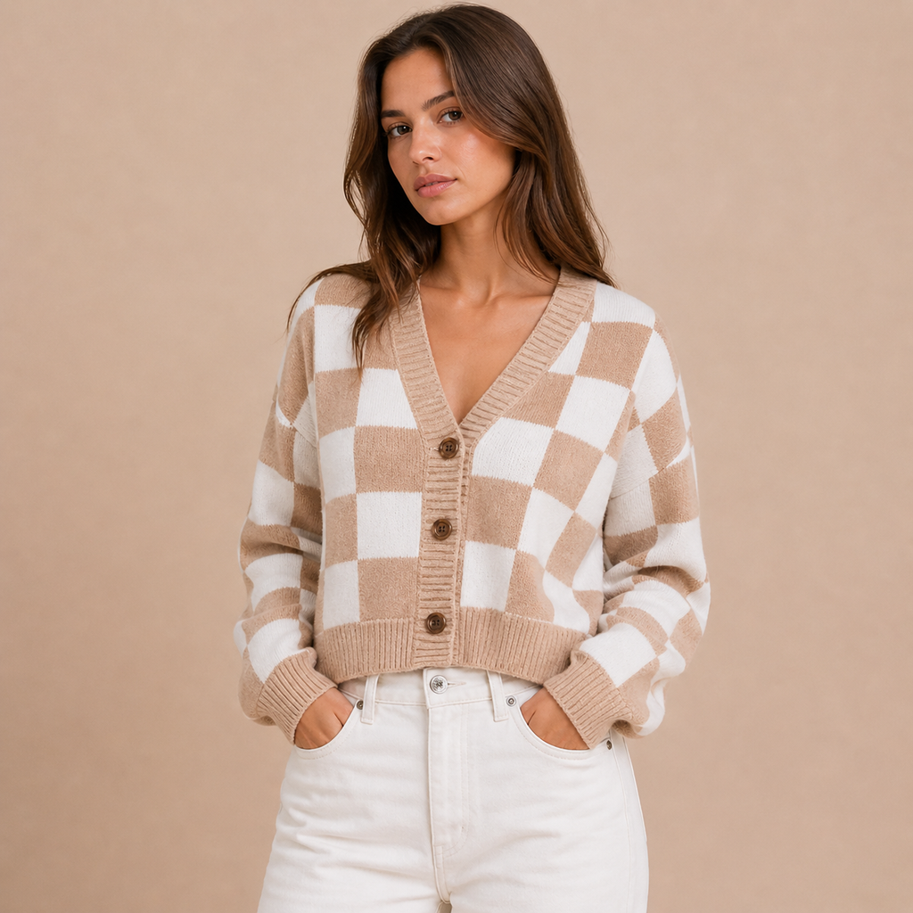 Leyre – cárdigan cropped de cuadros bicolor con aire retro relajado