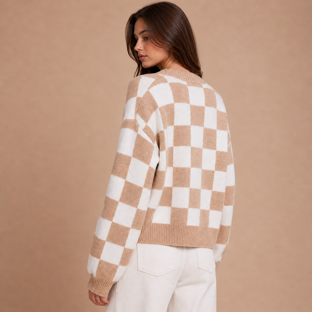 Leyre – cárdigan cropped de cuadros bicolor con aire retro relajado