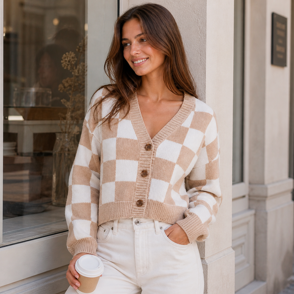 Leyre – cárdigan cropped de cuadros bicolor con aire retro relajado