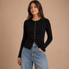 Sabela – cárdigan estructurado de punto fino con botonadura frontal elegante