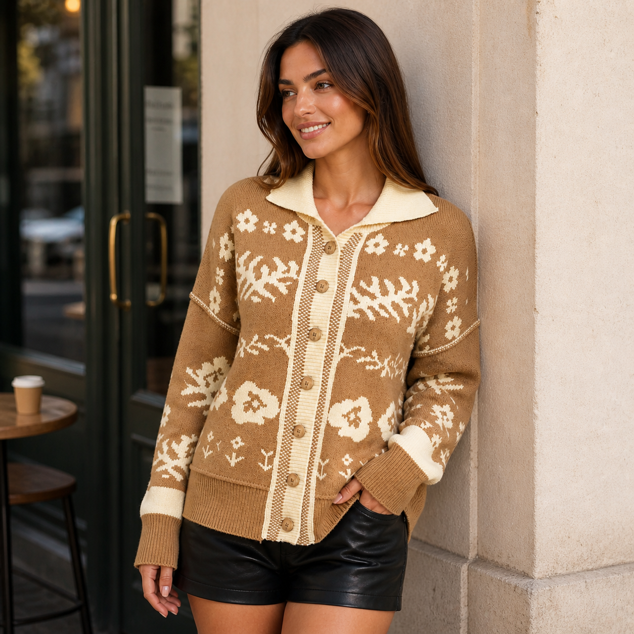 Iziar – cárdigan de punto jacquard con motivos florales y aire vintage acogedor