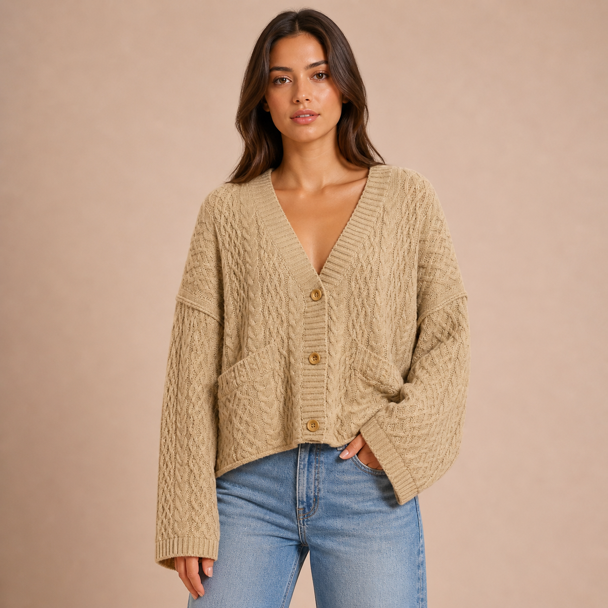 Marisol – cárdigan de punto trenzado oversize con esencia clásica relajada