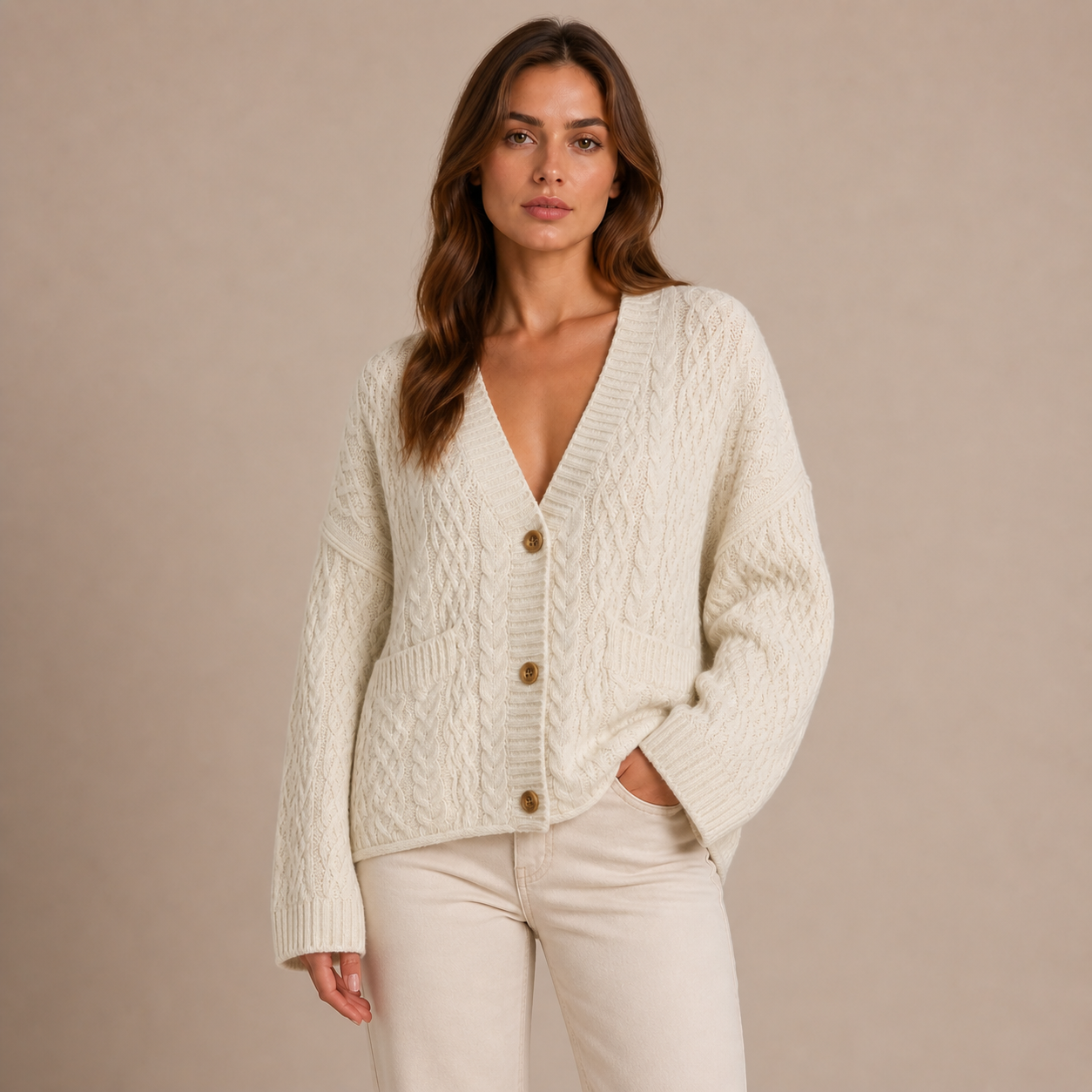 Marisol – cárdigan de punto trenzado oversize con esencia clásica relajada