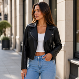 Valentina – chaqueta biker de efecto cuero con cremallera asimétrica