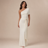 Zaira - Vestido largo asimétrico drapeado con detalle dorado en la cintura