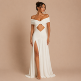 Nadia - Vestido maxi hombros caídos, nudo frontal, cintura descubierta y falda fluida