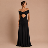 Nadia - Vestido maxi hombros caídos, nudo frontal, cintura descubierta y falda fluida