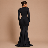 Noemí - Vestido maxi manga larga con escote en V profundo y silueta sirena
