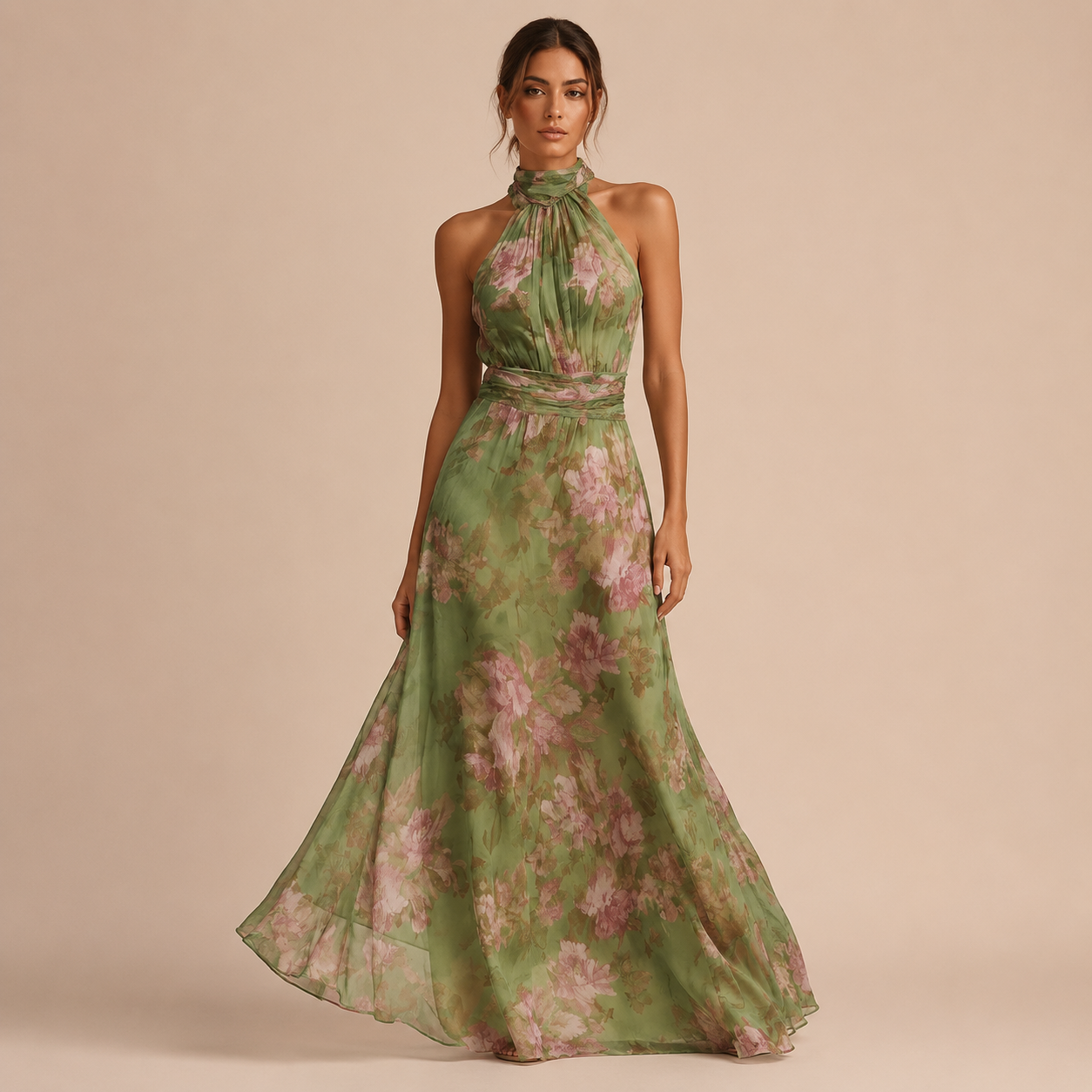Valentina – Vestido Largo Floral de Gasa Verde con Cuello Halter