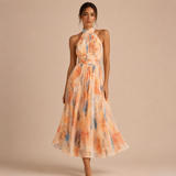 Catalina – Vestido Midi Floral Acuarela con Espalda Descubierta