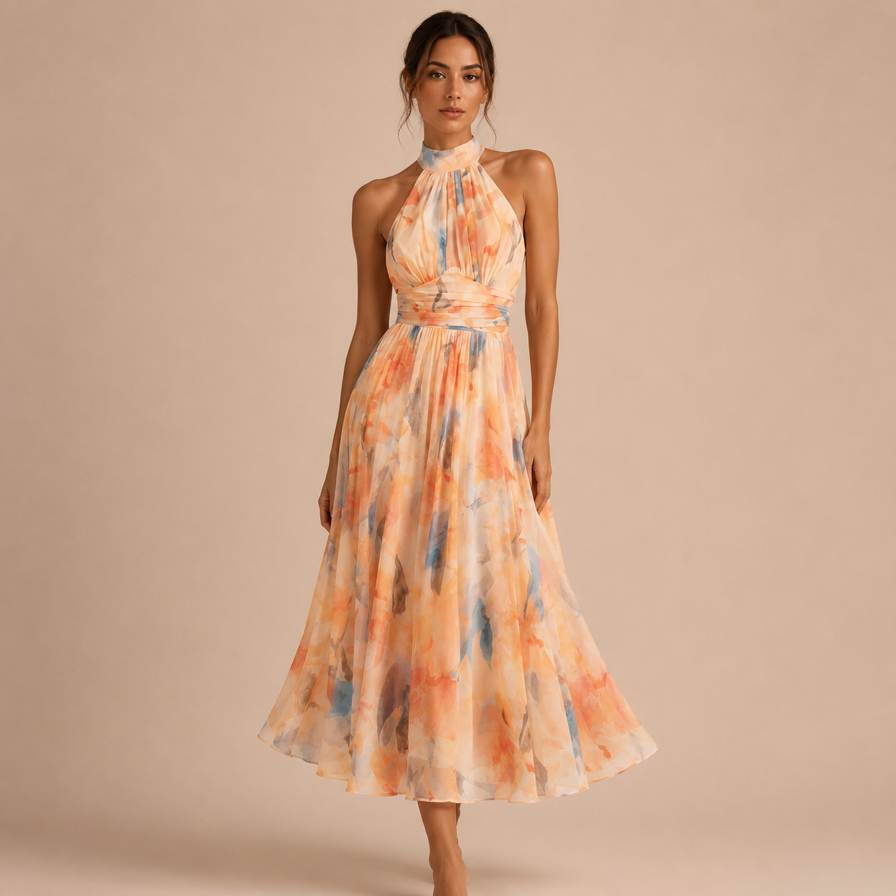 Catalina – Vestido Midi Floral Acuarela con Espalda Descubierta