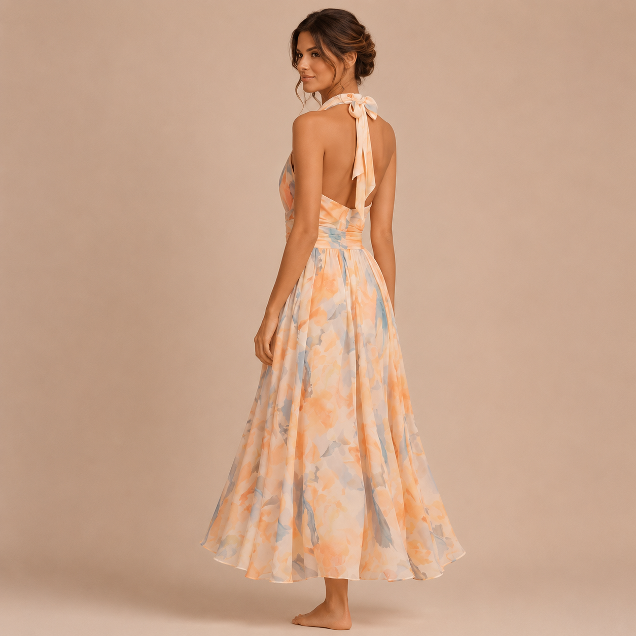 Catalina – Vestido Midi Floral Acuarela con Espalda Descubierta