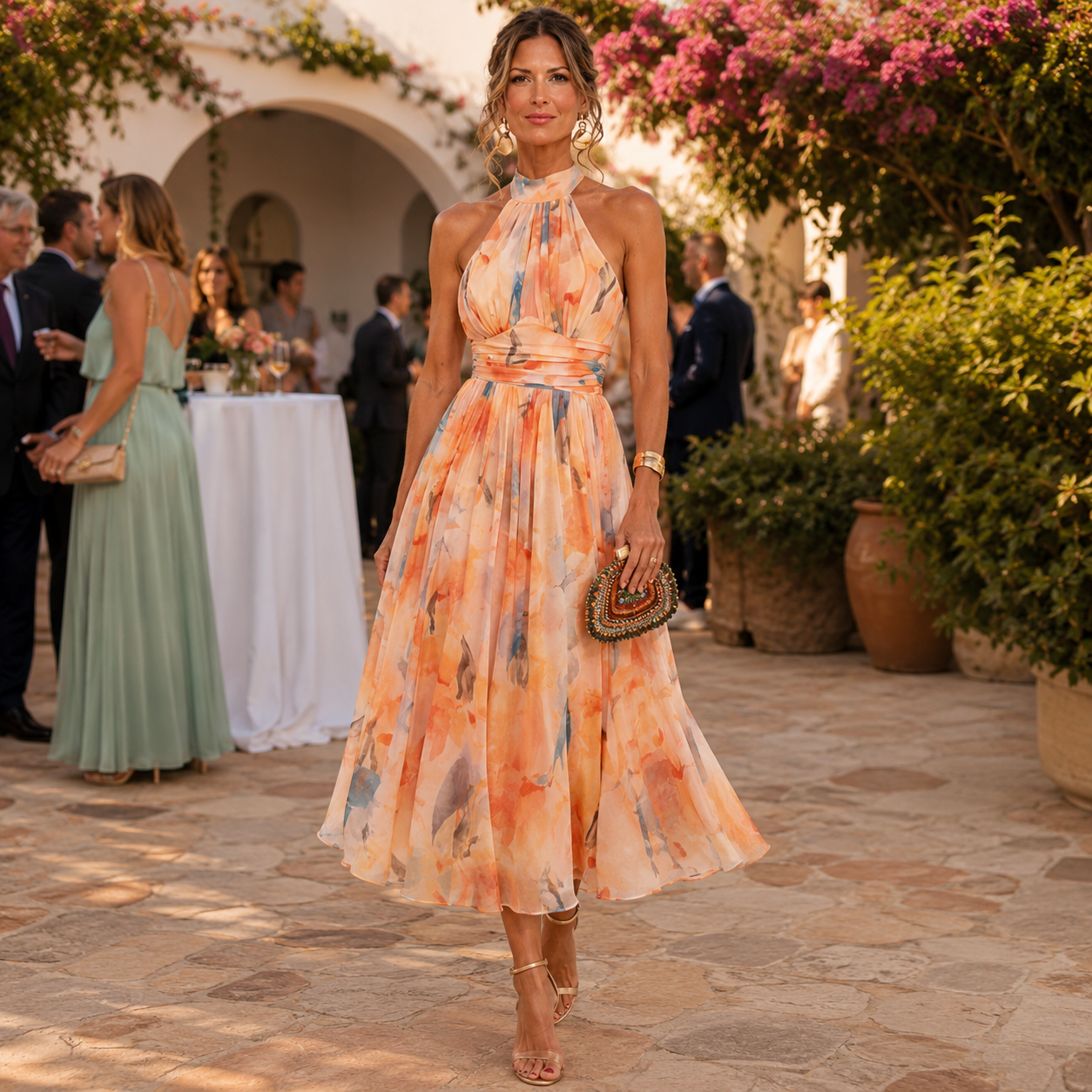 Catalina – Vestido Midi Floral Acuarela con Espalda Descubierta