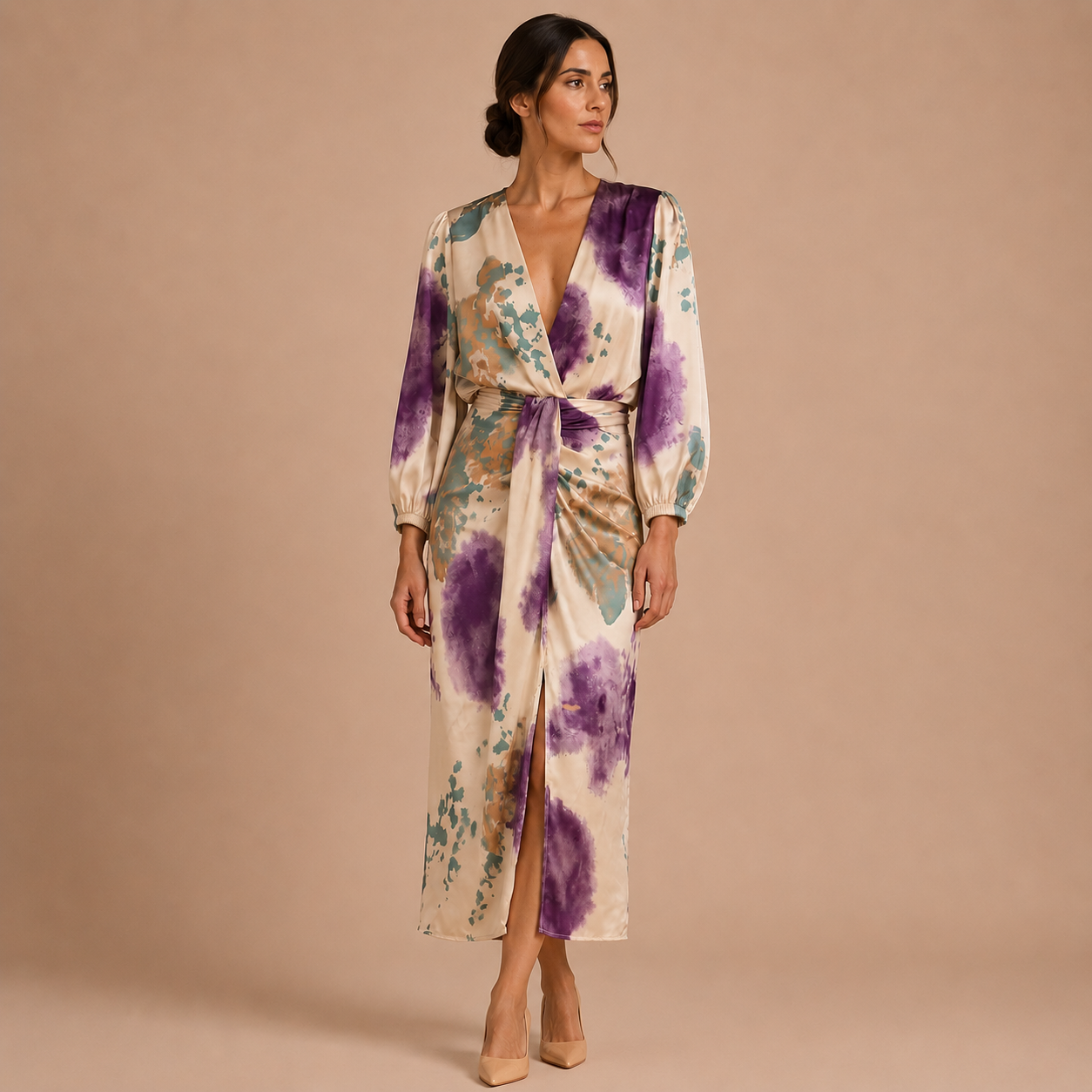 Isabela – Vestido Midi Satinado Estampado Acuarela con Escote Cruzado