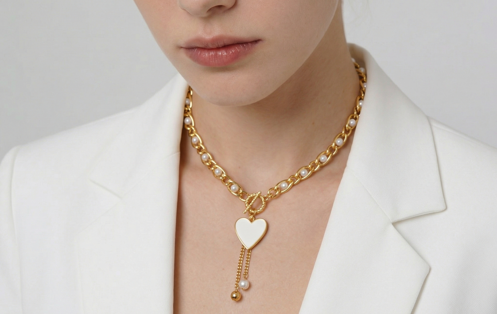 Collar dorado con corazón blanco