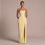 Elena – vestido largo palabra de honor con drapeado lateral